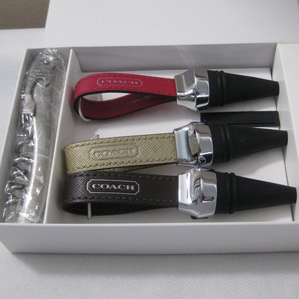 NEW Coach Set of Three (3) Leather Wine Stoppers and Corkscrew